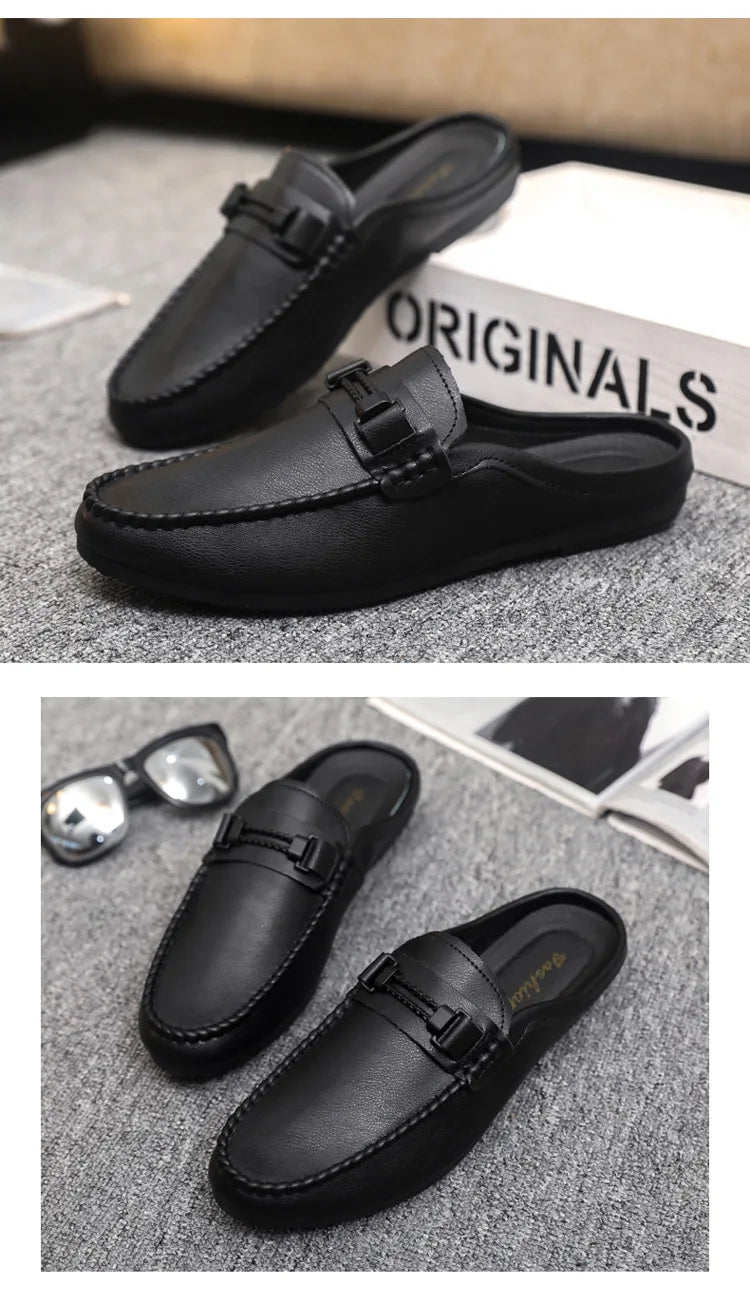 Men Half Slippers 2025 Summer Breathable Mens Casual Shoes Comfortable Walking Loafers Moccasins PU Leather Men Fashion Slippers