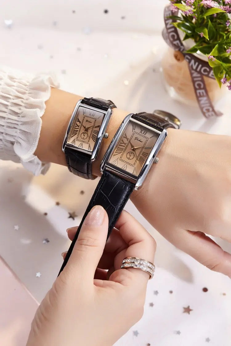 Fashion Couple Watch Luxury Rectangle Dial Women Quartz Watch Men Leather Band Casual Women Leather Wristwatch Relogio Masculino
