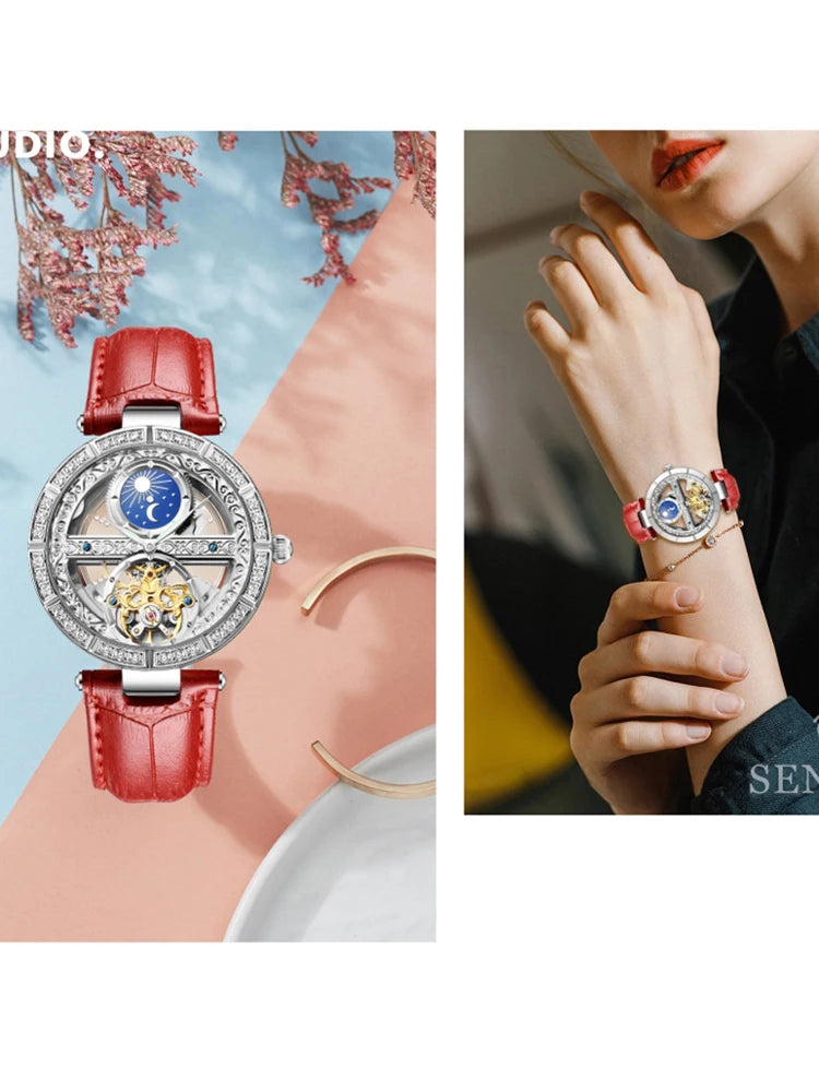 Women Automatic Mechanical Watch Top Brand Luxury Leather Waterproof Watches Ladies Skeleton Tourbillon Clock reloj mujer New