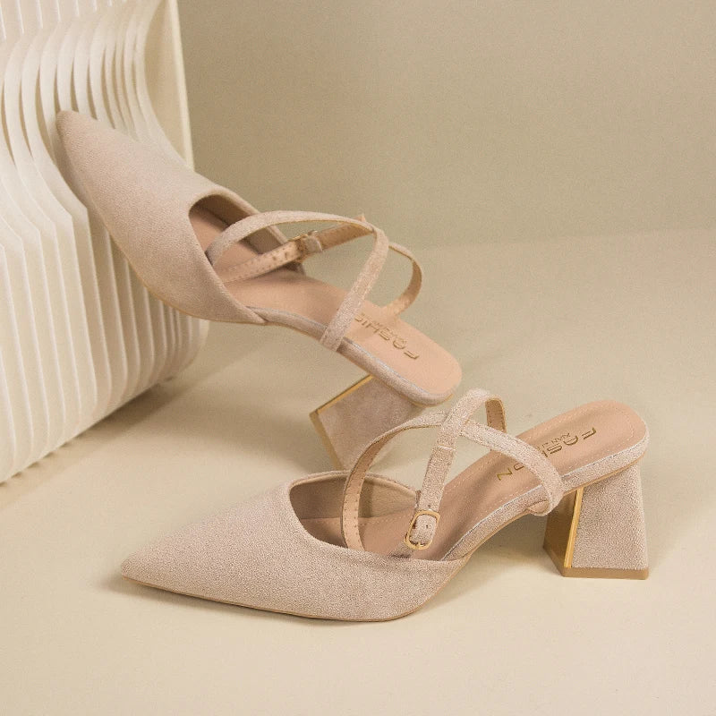 2025 Sandals for Woman Pointed Toe Chunky Footwear Closed Thick Heel Summer Block High Heels Heeled Pumps Women's Shoes Korea