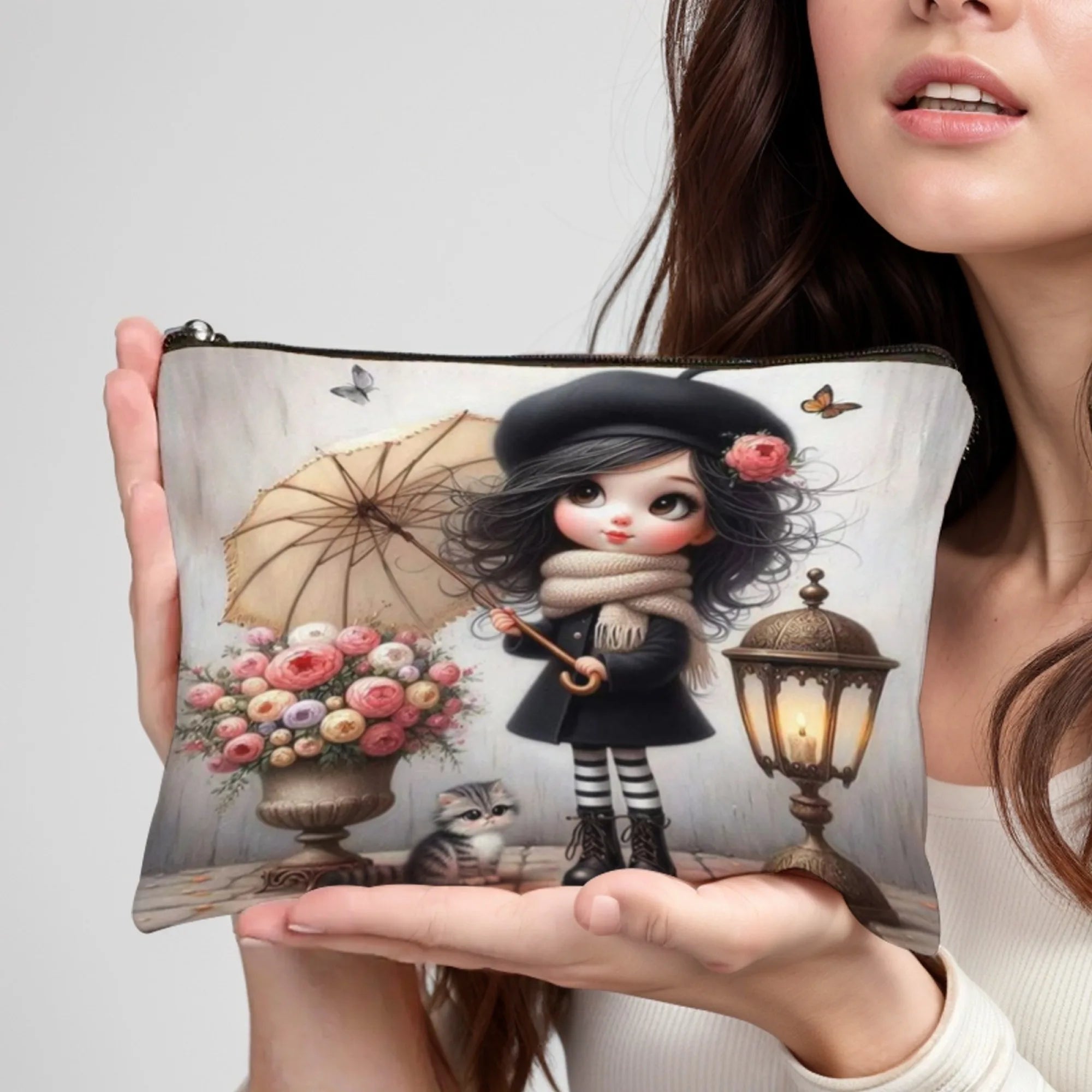 Cute girl holding an umbrella Cosmetic Bag Cosmetic Pouch Cosmetic Brush Aesthetic Accessory Storage Bag Travel Makeup Bag