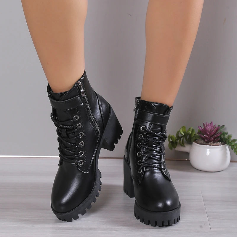 Women's High Heels Ankle Boots for 2023 Black PU Leather Platform Short Boots Woman Side Zipper Thick Heeled Punk Botas De Mujer
