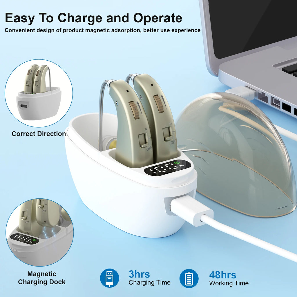 Auxiliary headphones, sound amplifier, noise reduction, adjustable volume, hanging ear with charging case