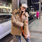 Winter Letter Print Hooded Jacket Women Clothing Trend Zipper Parkas Puffer Down Cotton Coats Design Vintage Windproof Outerwear