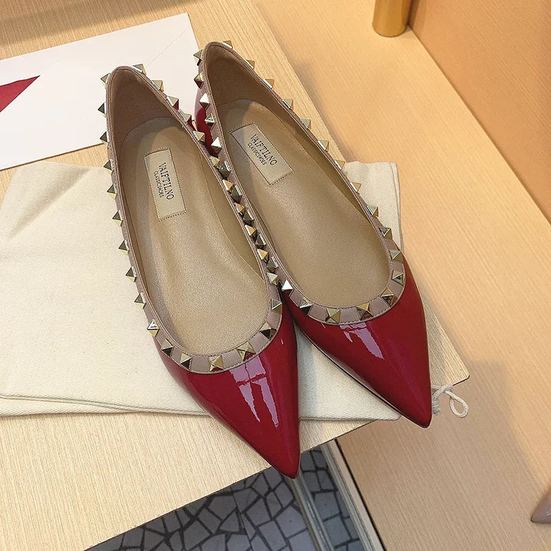 Women's Flat Shoes luxury woman shoes Leather Brand Rivet Flat Shoes Comfortable Casual Outdoor Pointed Toe Shallow Ladies shoes