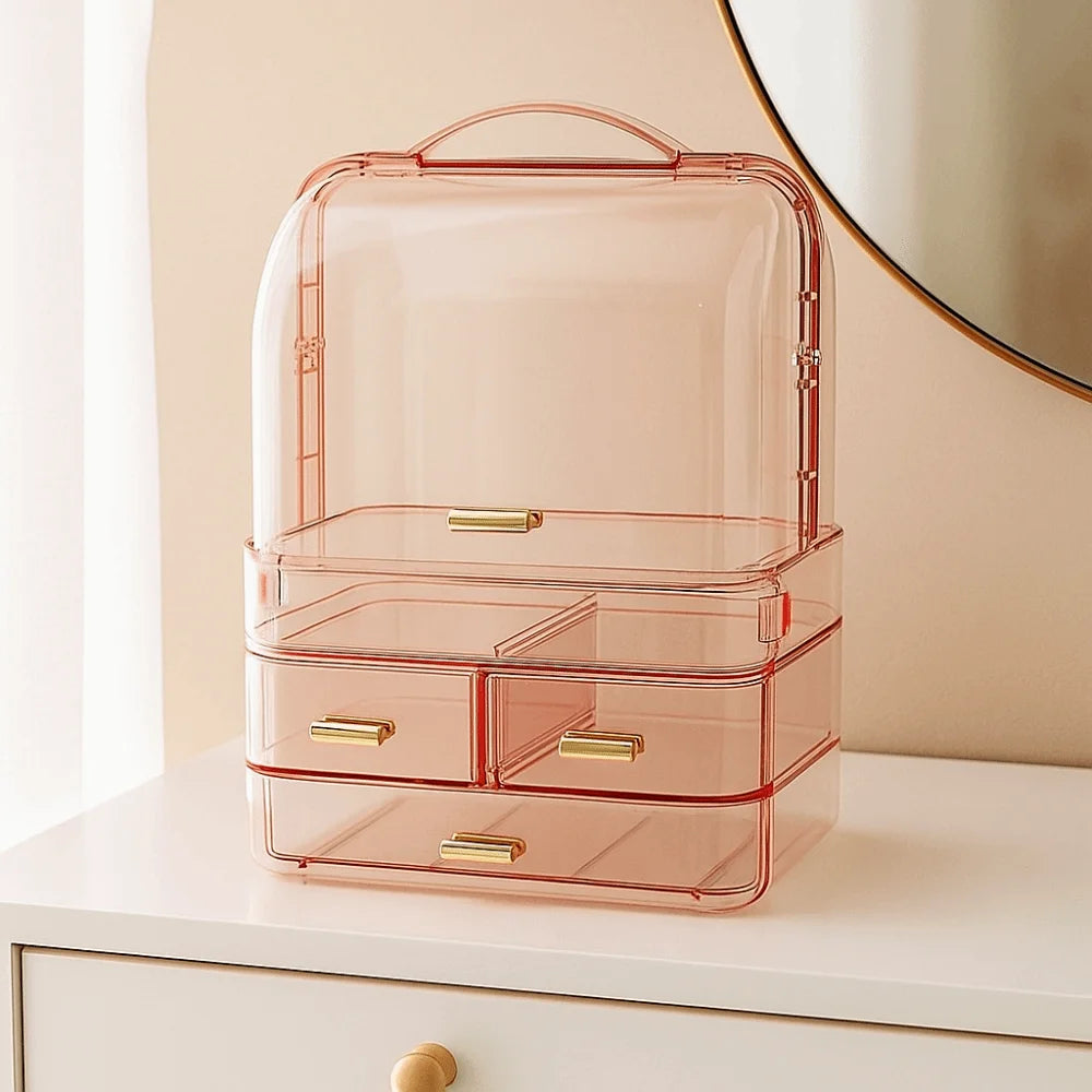 Drawer Style Cosmetics Storage Box Clear with Lid and Handle Makeup Storage Rack Desktop Organizer Dustproof
