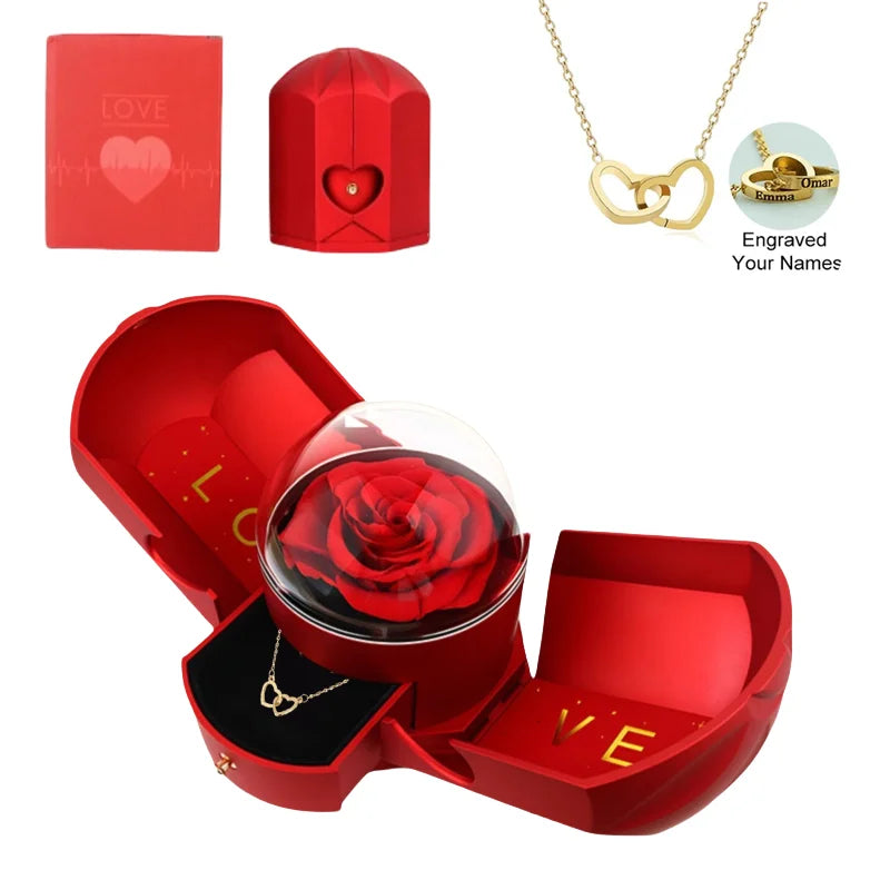 Christmas Custom Name Heart Necklace Creative Castle Double Door Jewelry Box Eternal Rose for Girl Wife Valentine's Day Gifts