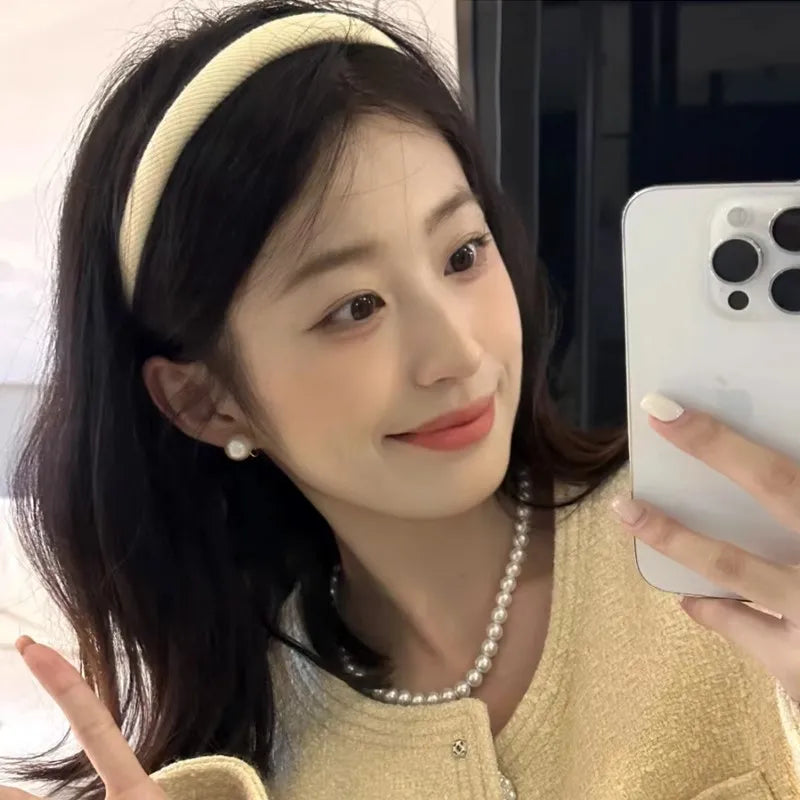 Winter milk white narrow edge hairband for Women Simple ,fresh solid-color fabric Versatile high-crown headband hair accessory