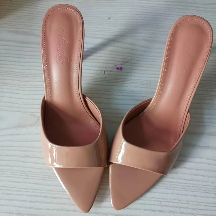 Women's Slippers 2025 New Summer Slim Heel Pointed Toe Worn with A Straight Drag Patent Leather High-heeled Slippers for Womens