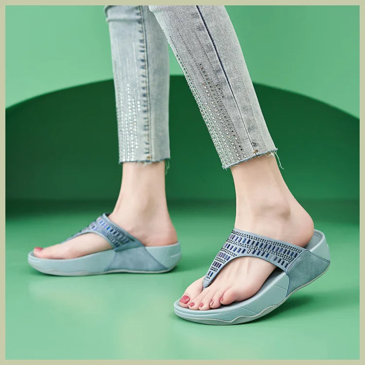 Women's Sandals Summer  Casual Non-Slip Suede  Diamond Soft Platform Wedge Flip Flop Walking Beach Slippers Shoes Woman