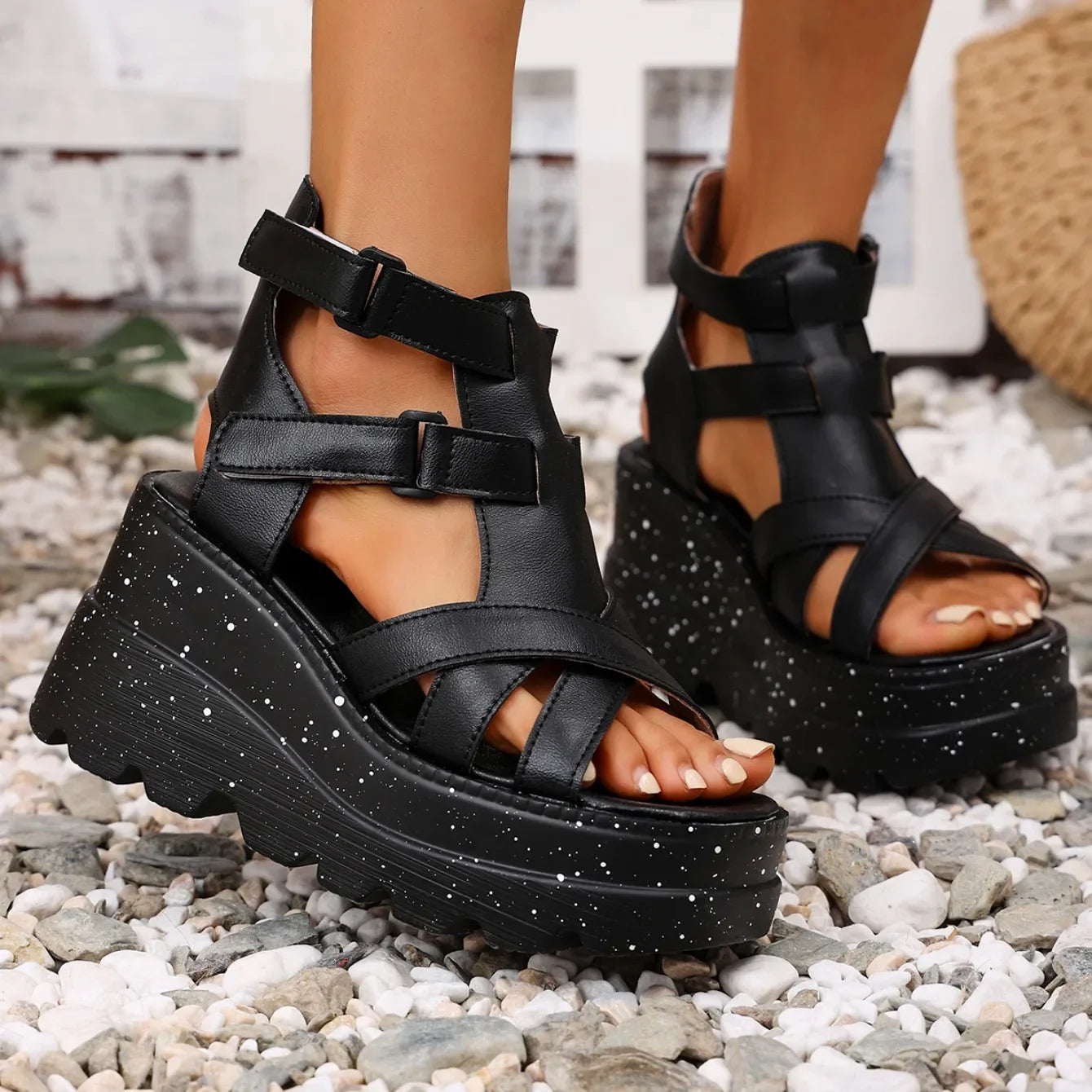 Women Sandals Summer Fashion Leather Platform Female Sandals Gladiator High Heels Sandals Women Chunky Outdoor Wedges Woman Shoe