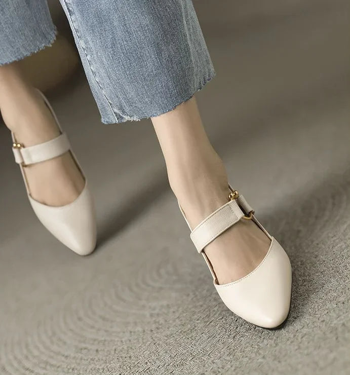 Sandals for Woman Summer 2024 High Heels One Word Women's Shoes Leather Pointed Toe Buckles Thick Heel Medium Footwear Comfort F