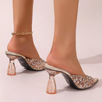 Elegant Pointed Toe High Heels Slippers Women Summer Fashion Clear Crystal Heel Sandals Woman Shiny Sequins Banquet Party Shoes