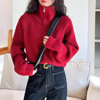 Autumn Winter  Zipper Sweaters Women Solid Color High Neck Knitted Pullover Solid Red Loose Turndown Collar Women's Turtleneck