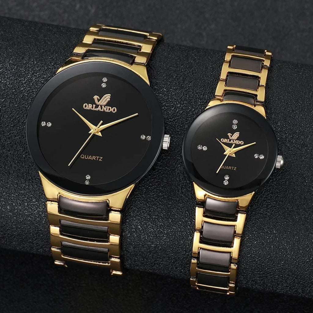 2PCS Couple's Watches Fashion Stainless Steel Band Men Women Analog Quartz Watches Set