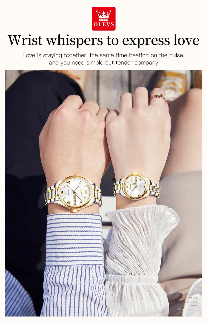 OLEVS Luxury Gold Couple Watches Stainless Steel Original Quartz Watch for Lover Waterproof Luminous Date Week Trend Dress New
