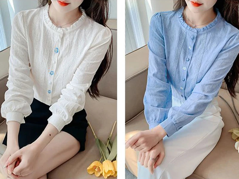 Woman's Embroidery Cotton Long-Sleeved Shirt New Stand Collar Stitching Ruffled Shirts Female Temperament Age-Reducing Thin Top