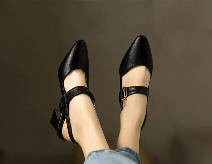 Sandals for Woman Summer 2024 High Heels One Word Women's Shoes Leather Pointed Toe Buckles Thick Heel Medium Footwear Comfort F