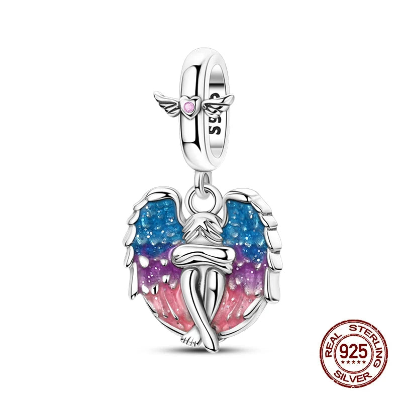 100% 925 Sterling Silver Sacred Angel Colorful Wings Life Tree Charms Beads Fit Original Bracelets DIY Jewelry For Woman Gifts