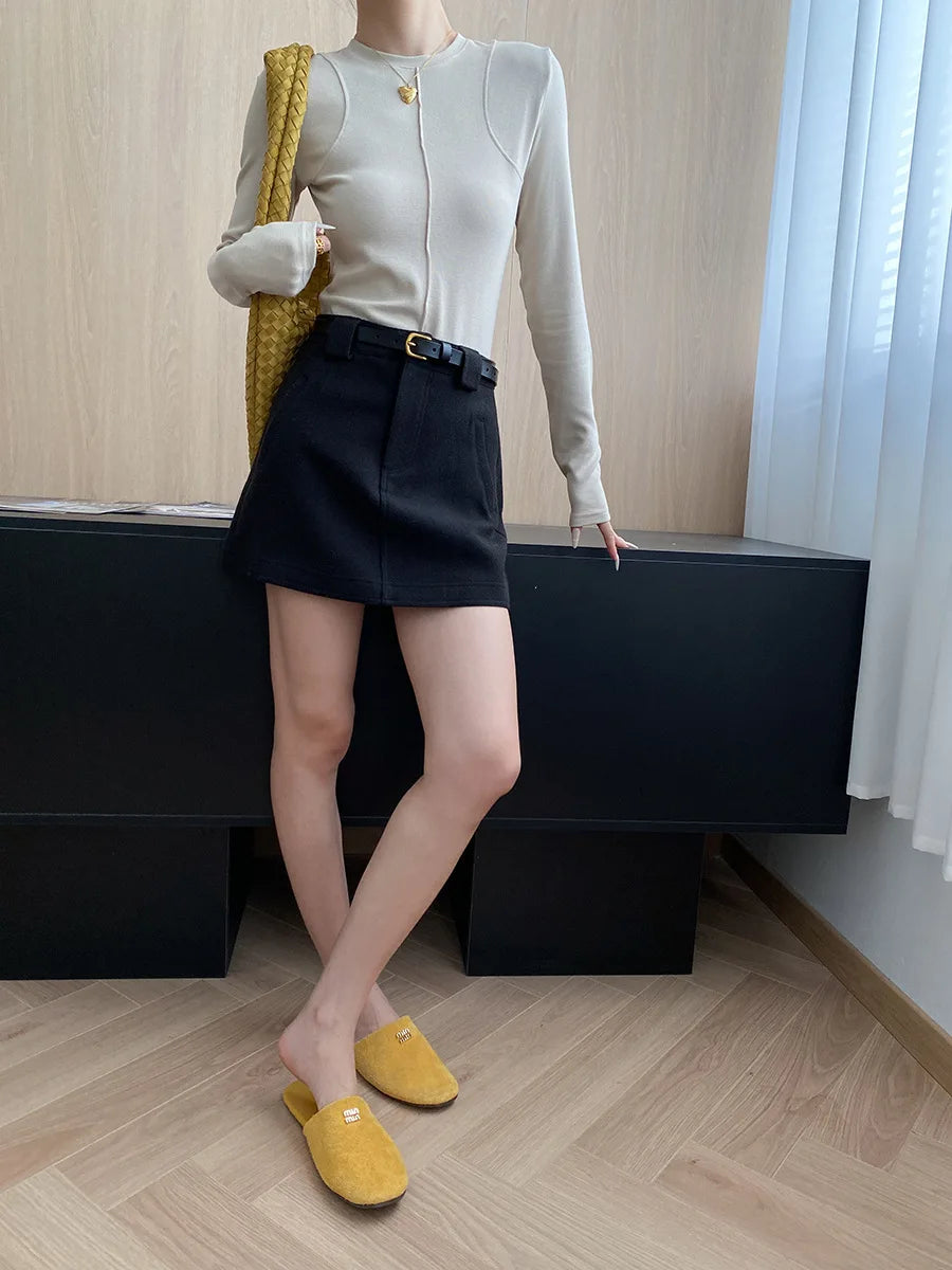 Women's casual stitching slim fit shoulder slimming base long sleeved T-shirt