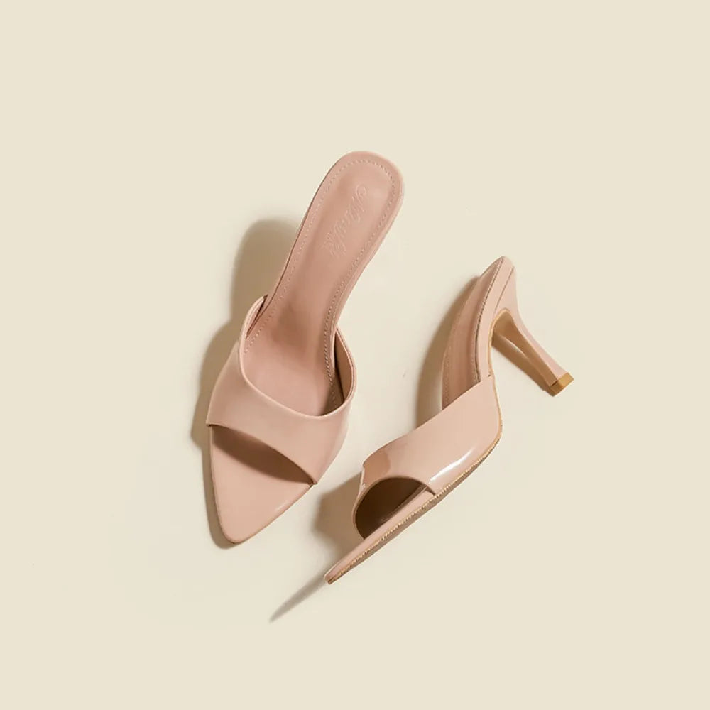 Women's Slippers 2025 New Summer Slim Heel Pointed Toe Worn with A Straight Drag Patent Leather High-heeled Slippers for Womens