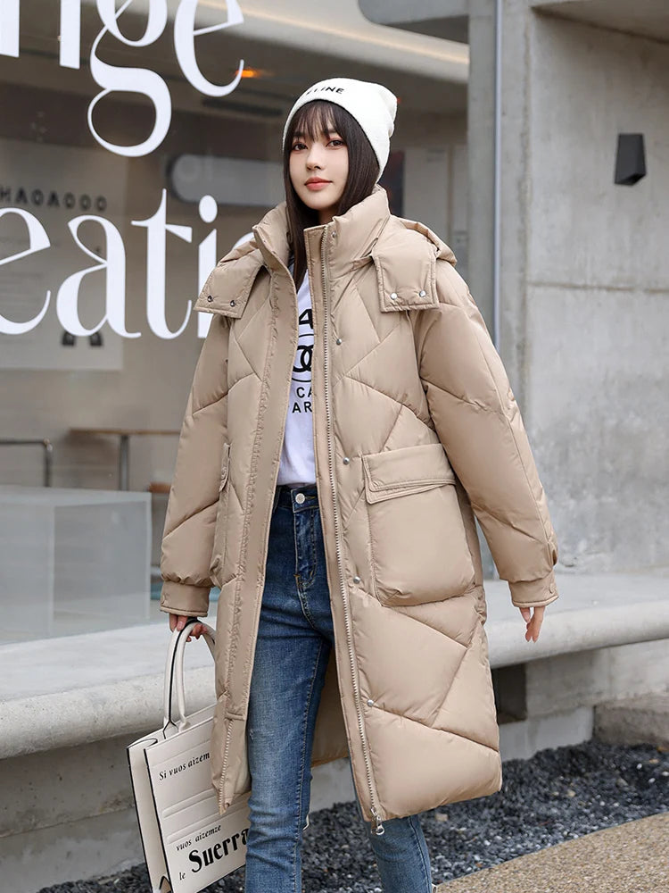 Vielleicht 2024 Snow Wear New Solid Winter Coat for Women Down Jacket Warm Casual Loose Hooded Winter Women Jacket Long Parkas