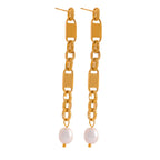 Yhpup Long Hanging Stainless Steel Chain Natural Pearl Drop Earrings Dangle Fashion Party Geometric Charm Temperament Jewelry