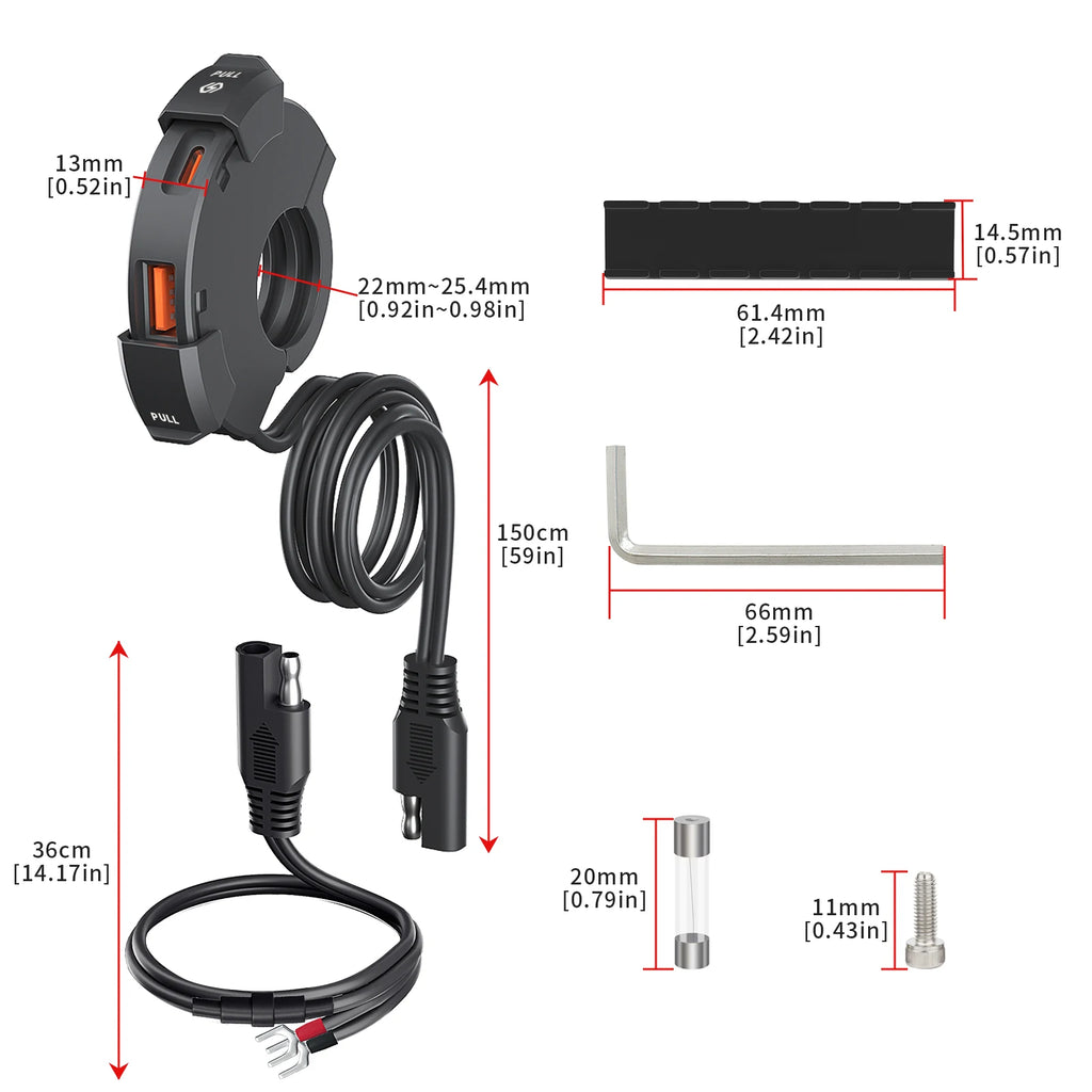 48W Quick Charge PD+QC3.0 Phone Charger Motorcycle USB Socket Waterproof Handlebar Mounting Bracket 12V-24V Power Adapter