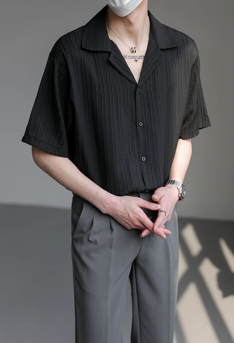 Men's Shirt Black Loose Short Sleeve Male Shirts Designer with Collar High Quality Luxury Sleeves Silk New in Vintage Slim Fit