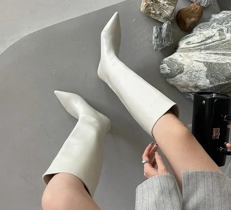 Pointed Toe Women High Boots Leather Fashion Sexy Heels Shoes Woman Trend New Snow Boots Low Heels Elegant Goth Mujer Botas