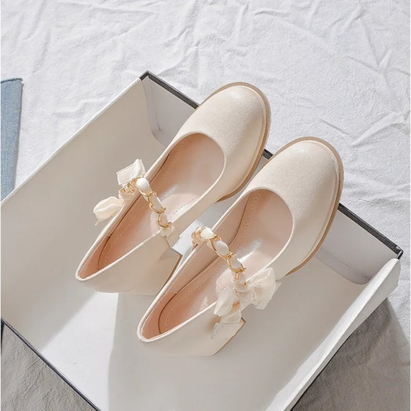 High Heels Shoes for Woman 2024 Pumps Square Toe Gothic Women's Summer Footwear Mary Jane Japanese Style Lolita with Bow White A