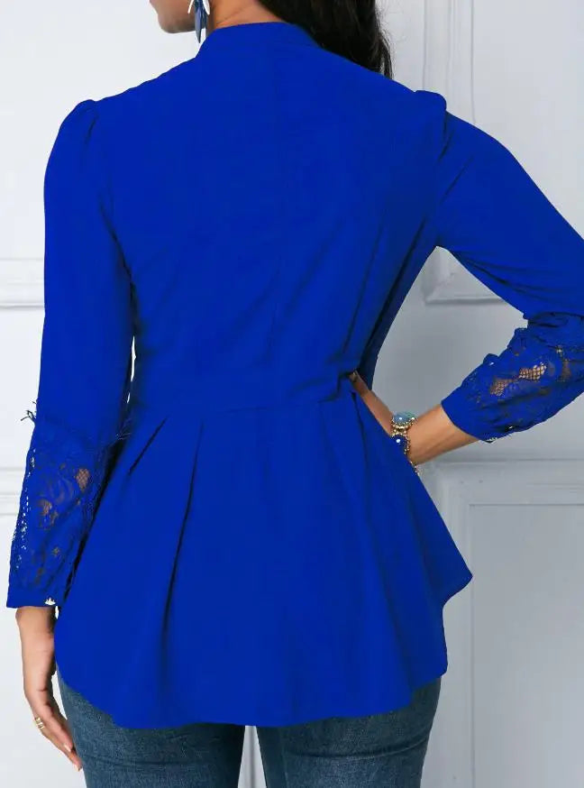 Women's Elegant Lace Blouses European & American Single-Breasted Open-Neck Stitching Fashion Chiffon Office Shirt Top for Women