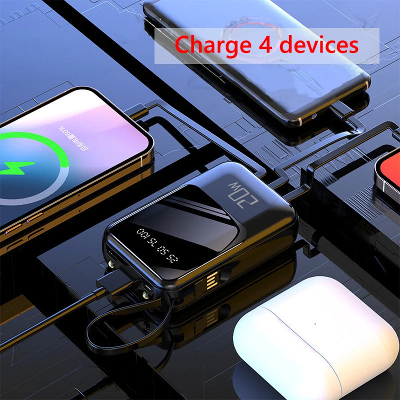 20000mAh Power Bank Suitable IPhone Huawei Xiaomi Portable Battery  Fast Charging Built-In with 4-Wire Digital Display External
