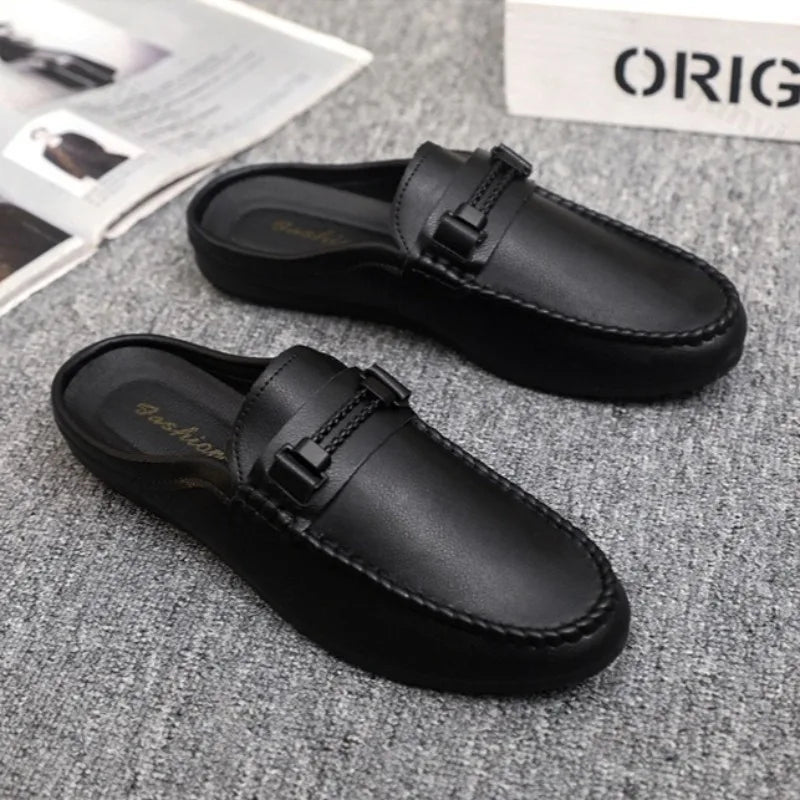 Men Half Slippers 2025 Summer Breathable Mens Casual Shoes Comfortable Walking Loafers Moccasins PU Leather Men Fashion Slippers