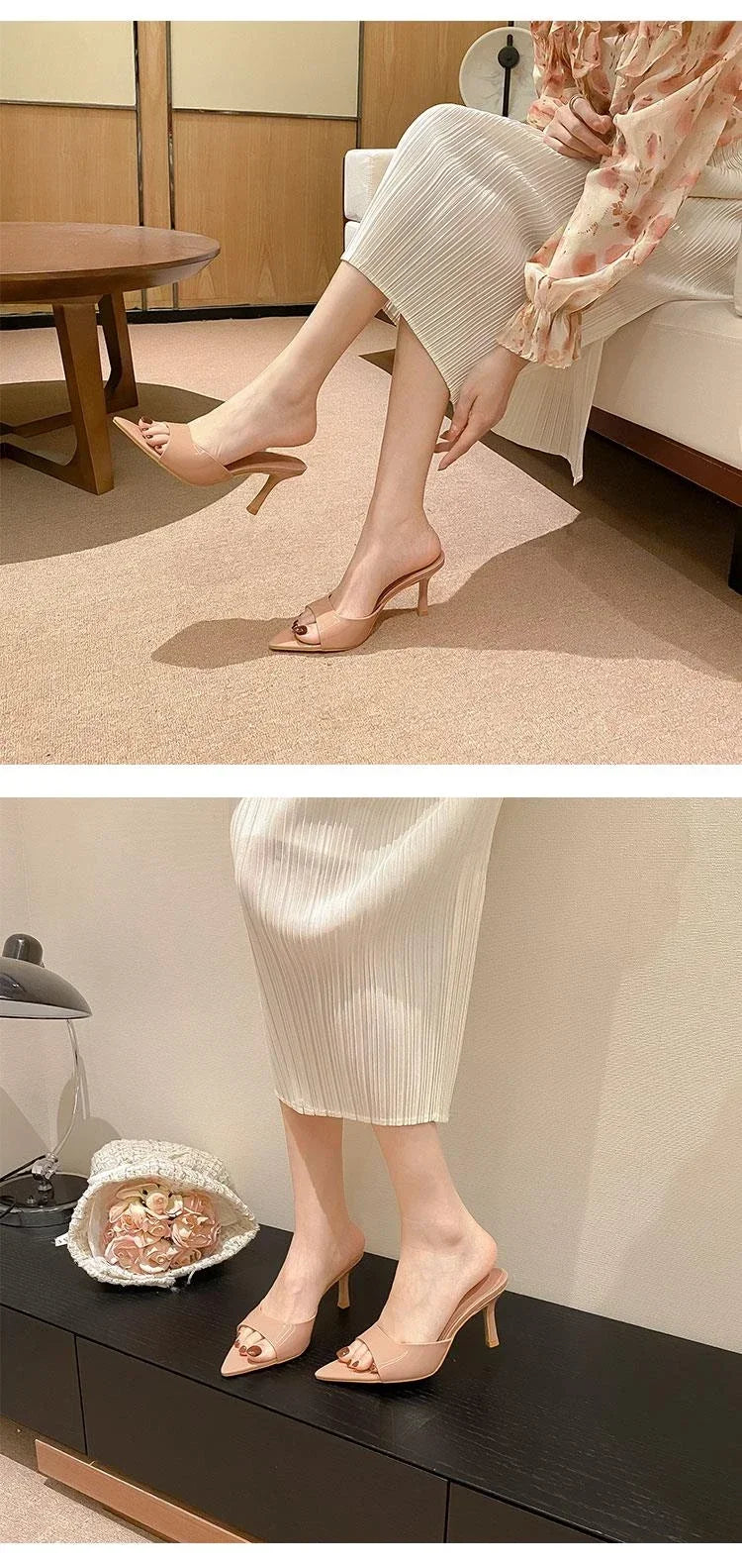 Women's High Heel Slippers Thin Heels Pointed Toe Solid Slippers Women Dress Banquet Summer Mature Concise Zapatillas De Mujer