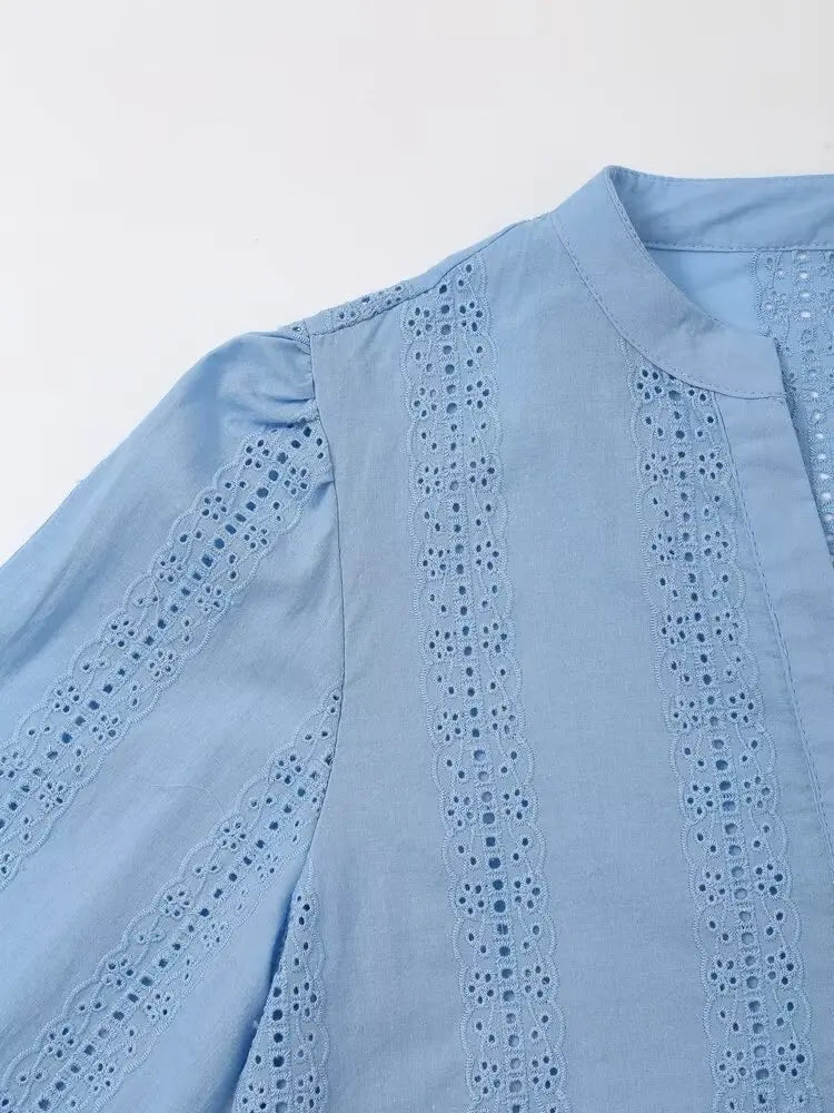 Women's Openwork Embroidered Cropped Shirt Simple V-neck Long-sleeved Single-breasted Casual Blouse Spring Summer Chic Top