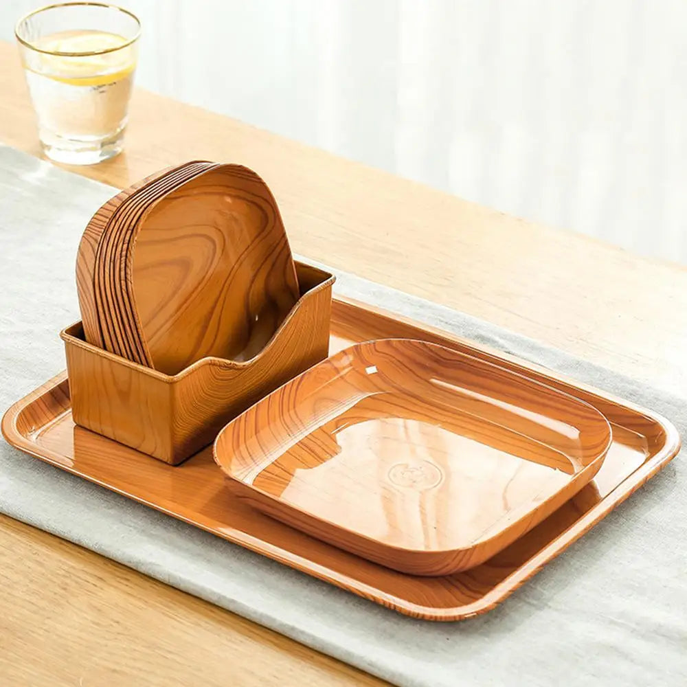 Kitchen Wood Grain Plastic Square Plate Japanese Simple Wood Grain Dish Set For Tableware Kitchen Bowl Dish Dinnerware