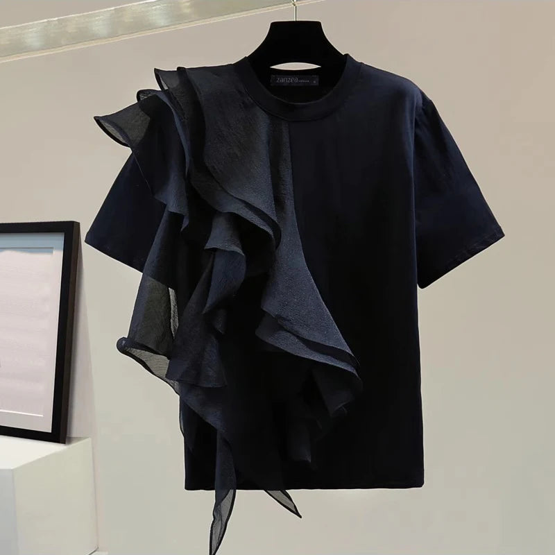 ZANZEA Women Ruffled Stitching Blouse Fashion Holiday O-neck Tops 2024 Summer Short Sleeve Tunics Casual Loose Solid Blusa Femme