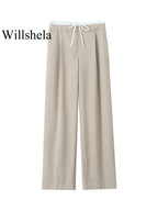 Willshela Women Fashion Solid Lace Up Side Zipper Straight Pants Vintage High Elastic Waist Female Chic Lady Trousers