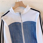 Pant Set Women Two Piece Sets Denim Splice Zipper Matching Sets Casual Coats Wide Leg Long Pants Lace Up Elastic Waist 2025