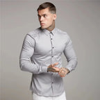 Men's Shirt Fashion Full Sleeve Shirt Men's Muscle Casual Slim-fit Business Dress Solid Color Shirt Men's Gym Fitness Men Shirt