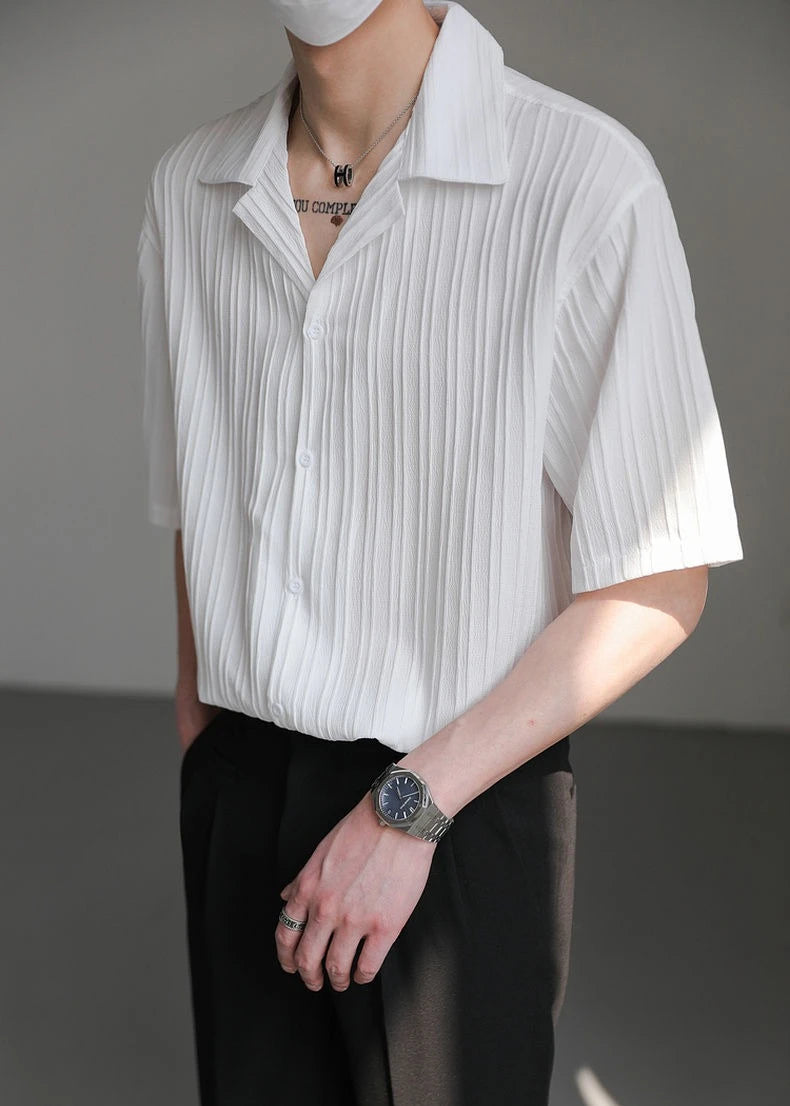 Men's Shirt Black Loose Short Sleeve Male Shirts Designer with Collar High Quality Luxury Sleeves Silk New in Vintage Slim Fit