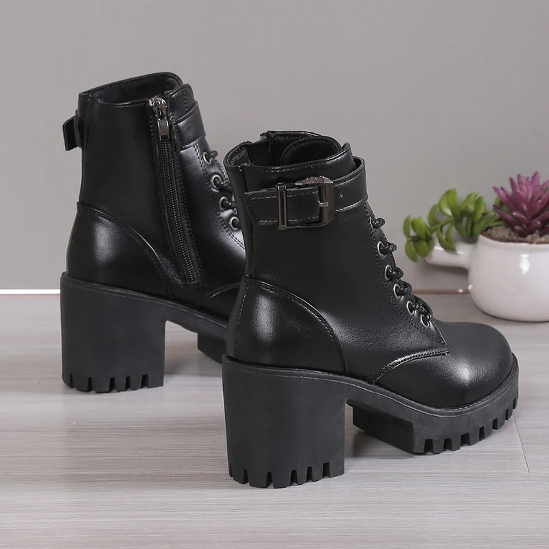 Women's High Heels Ankle Boots for 2023 Black PU Leather Platform Short Boots Woman Side Zipper Thick Heeled Punk Botas De Mujer