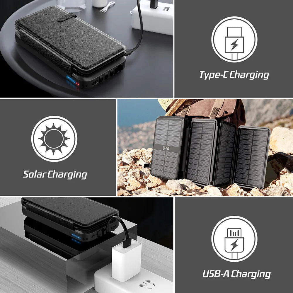 43800mAh Solar Power Bank with 4 Solar Panel Large capacity Wireless Charger Three defenses External Battery LED Light Powerbank
