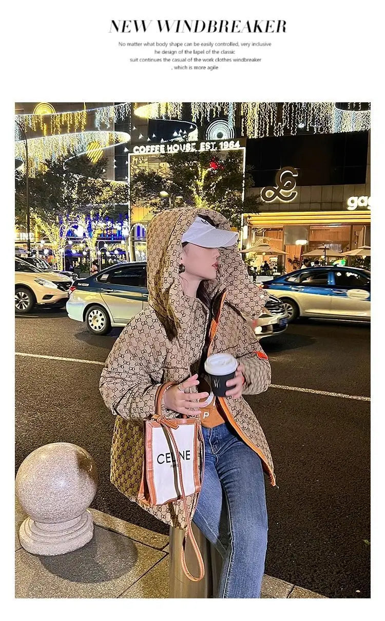 Winter Letter Print Hooded Jacket Women Clothing Trend Zipper Parkas Puffer Down Cotton Coats Design Vintage Windproof Outerwear