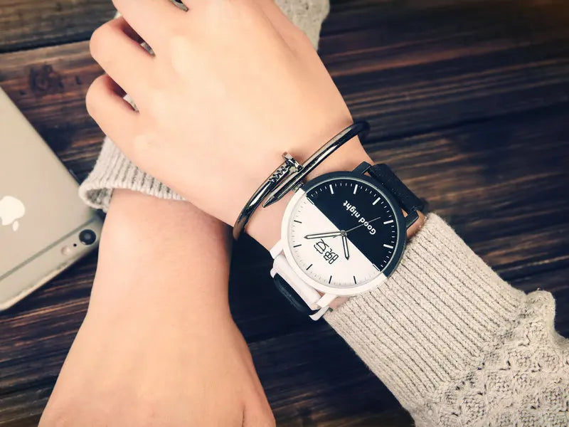 Lovers Watch Intimate Regards Good Morning Good Night Dial Leather Quartz Watch Fashion Trending Black White Case Couple Watches