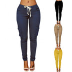Pants Casual Solid Color Women Trousers Skinny Cargo Pockets Drawstring Joggers Trousers