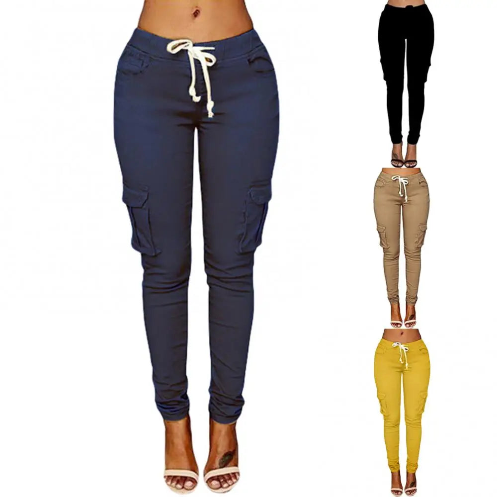 Pants Casual Solid Color Women Trousers Skinny Cargo Pockets Drawstring Joggers Trousers