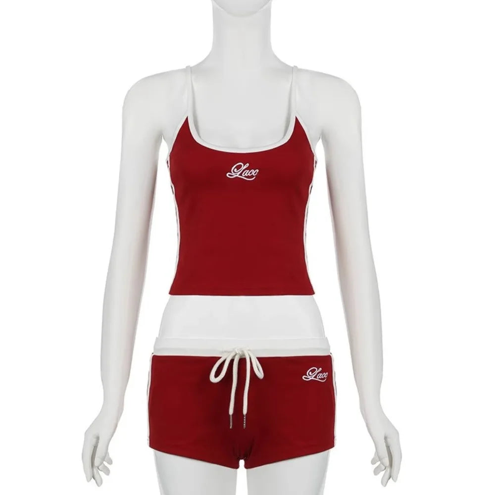 Women's Wear Breathable Embroidered Sports Set Casual Letter Stitching U-Neck Vest Comfortable Soft Drawstring Shorts Outdoor