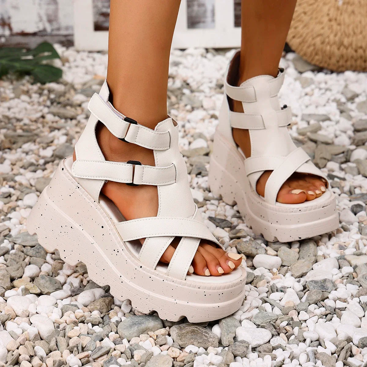 Women Sandals Summer Fashion Leather Platform Female Sandals Gladiator High Heels Sandals Women Chunky Outdoor Wedges Woman Shoe